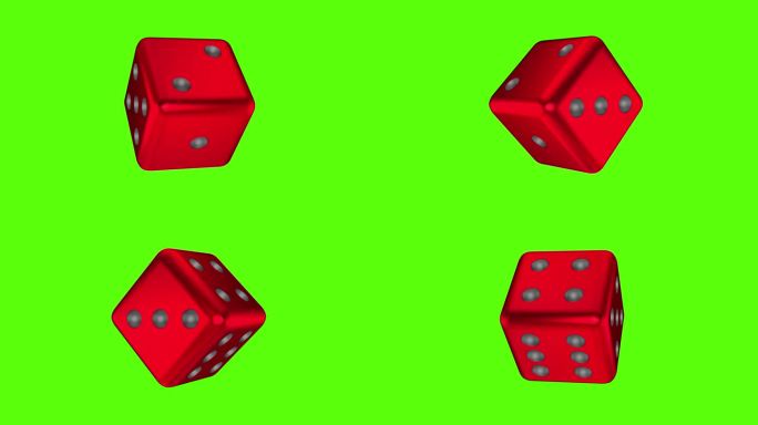 红色光滑的骰子在绿色的屏幕上旋转。赌博的概念。3 d动画。