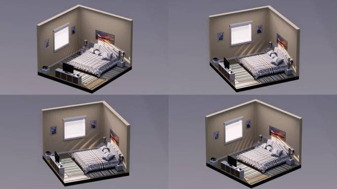 3D等距卧室，配有床、床头柜和电视，左右旋转，无缝循环3D动画，室内设计3D场景