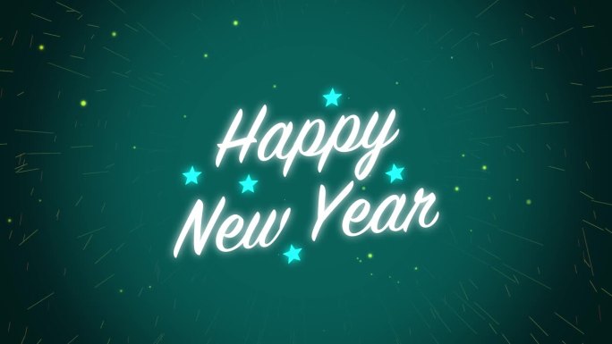 动画图形白色新年快乐庆祝与星光和烟花阿尔法循环粒子辉光视觉效果文字标题背景4K蓝绿色水