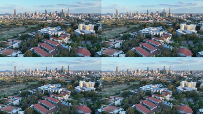 QUT昆士兰科技大学无人机拍摄。凯尔文格罗夫大学校园静态静止航拍。以布里斯班市和维多利亚公园为背景。