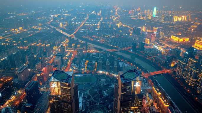 郑州绿地双子塔夜景航拍延时摄影