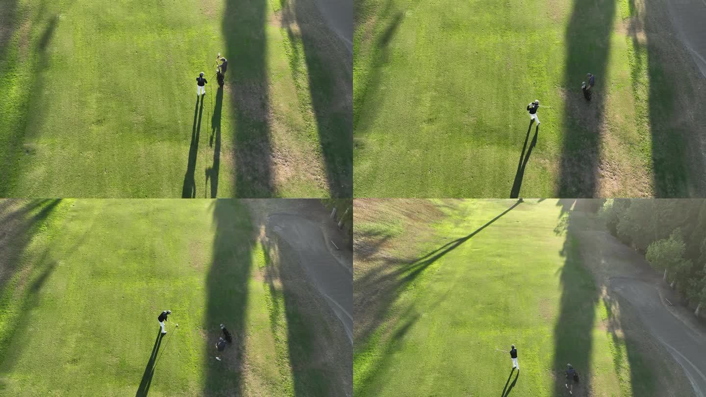 高尔夫球场上的高尔夫球手与球童的鸟瞰图
