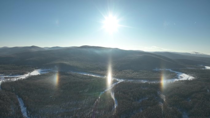 航拍大兴安岭林海雪原日晕