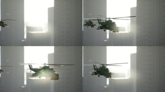 黄色直升机在城市救援行动中。三维动画