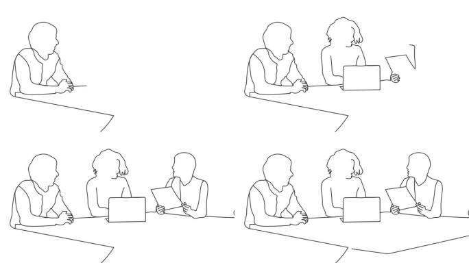 团队会议和讨论创意，在白色背景上绘制单线动画。