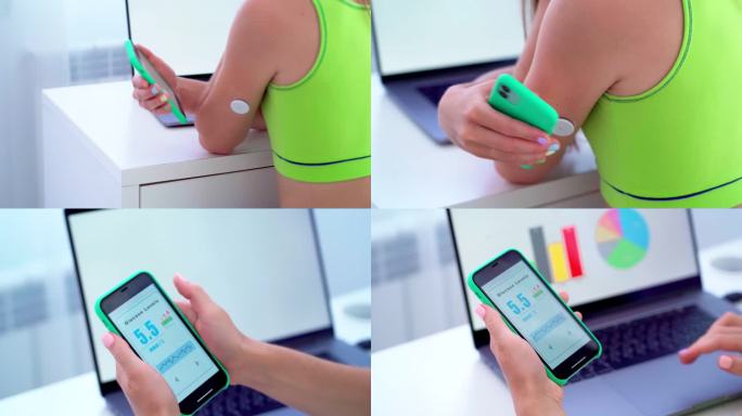女性糖尿病患者使用远程传感器，电脑和电话来控制和检查血糖水平。在线监测与医疗技术在糖尿病治疗、保健中