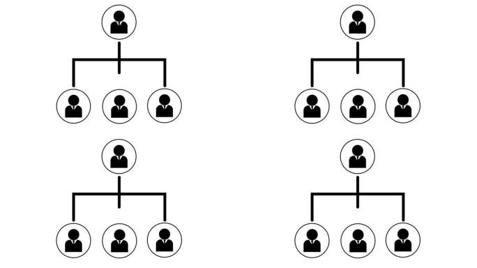 动画简单的组织结构图与一个领导和三个下属在白色背景的层次结构。
