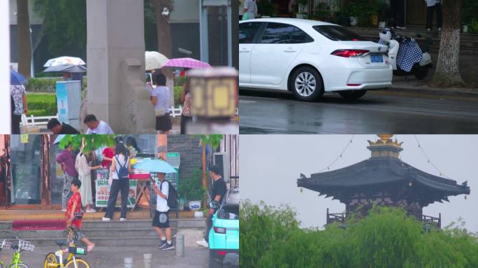 江苏苏州姑苏寒山寺江南水乡下雨季游客风景