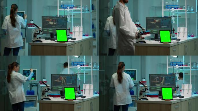 绿色色度键屏的平板电脑放在实验室的桌子上