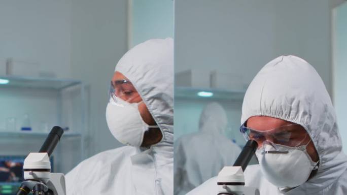 垂直视频:身着工作服的生物学家医生用显微镜检查DNA样本
