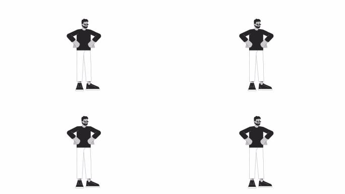 非洲裔美国人自信的双手放在臀部，勾勒出2D角色动画