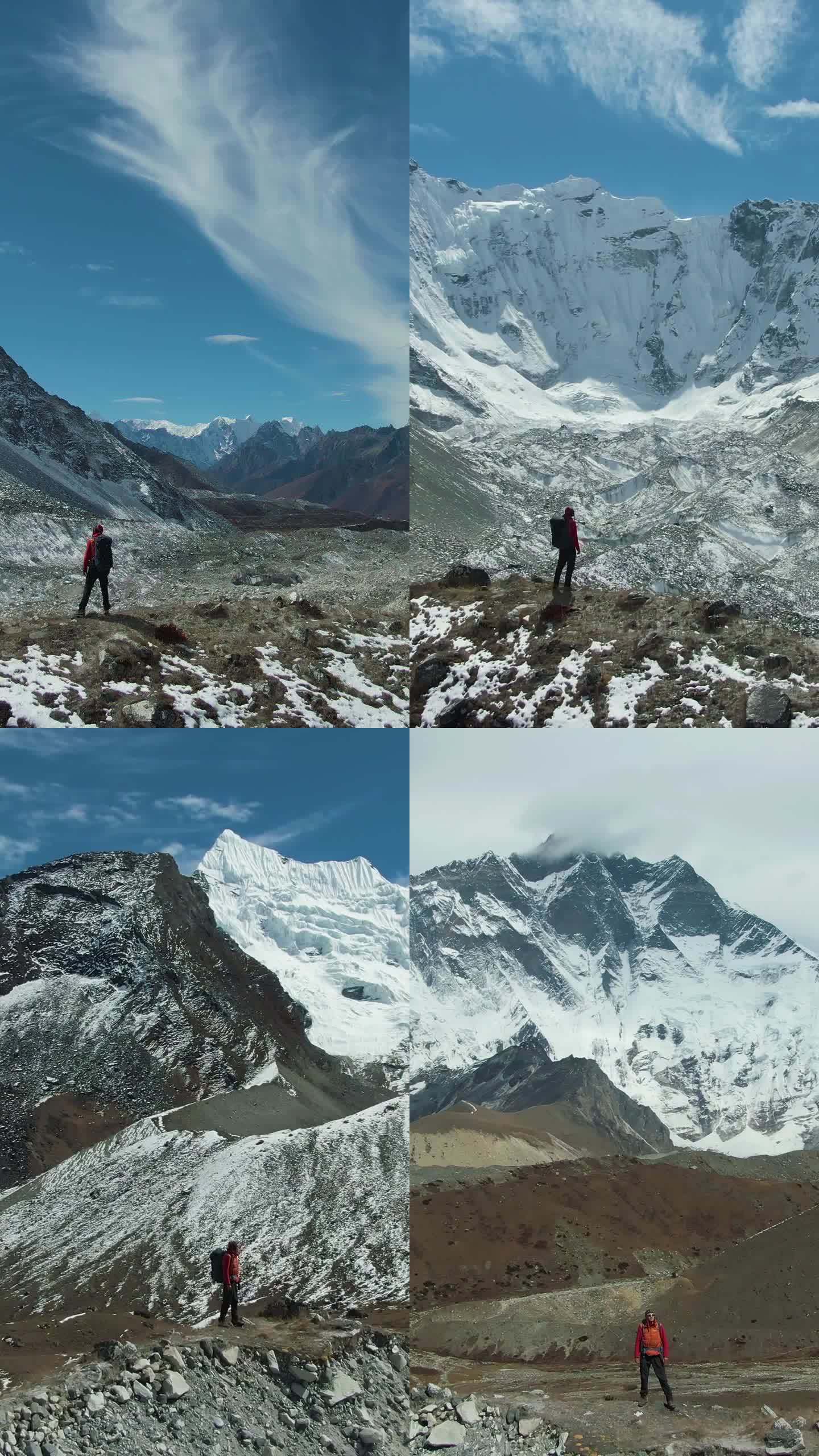 阿玛达布兰山，洛子南面和徒步旅行者。尼泊尔的喜马拉雅山脉。鸟瞰图。垂直视频