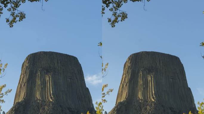 魔鬼塔、丘和秋天的黄树。美国怀俄明州。垂直视频