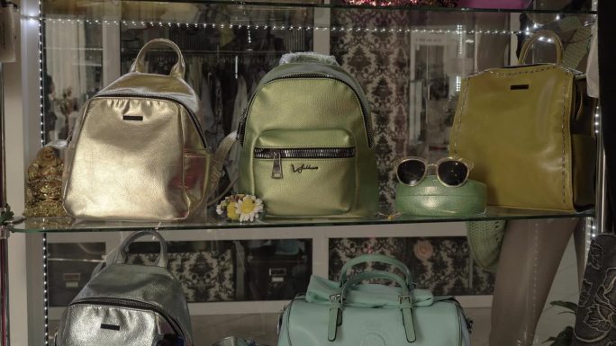 一家饰品店橱窗上的稳步摄像头，陈列着各种类型的女士包