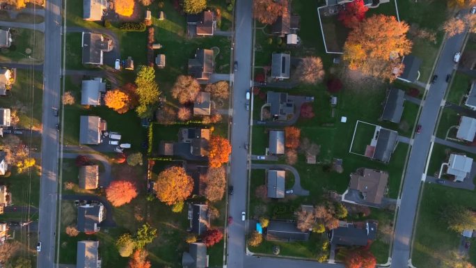 秋天的美国社区。空中俯瞰的房子和住宅在美国城市郊区与色彩缤纷的秋天树叶。