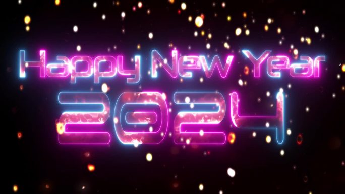 发光的霓虹文字图标新年快乐2024与金色发光粒子动画视频