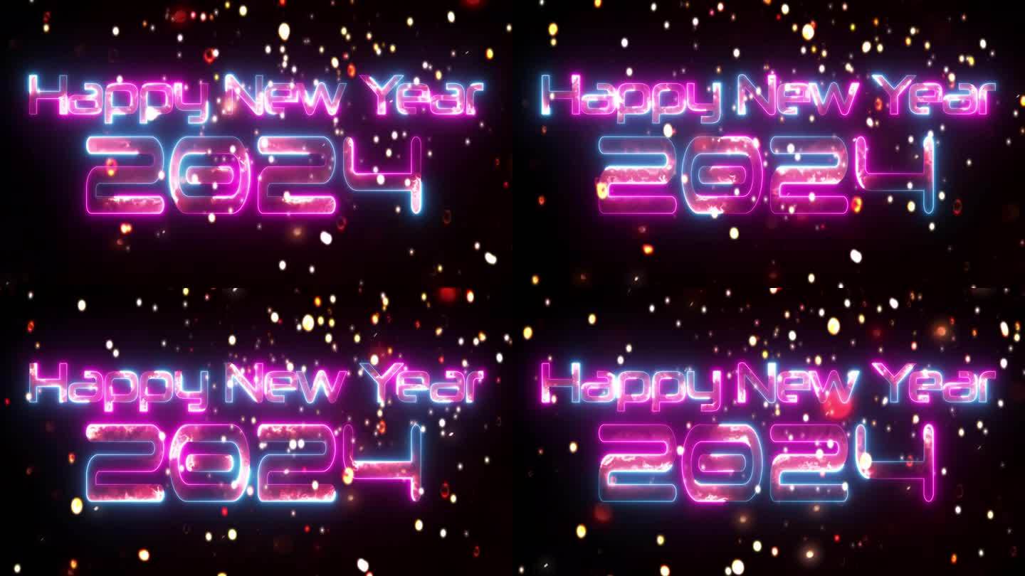 发光的霓虹文字图标新年快乐2024与金色发光粒子动画视频