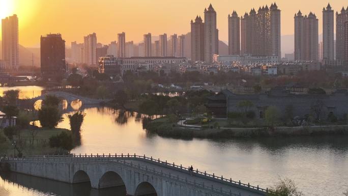 台州温岭九龙湖湿地公园日落航拍