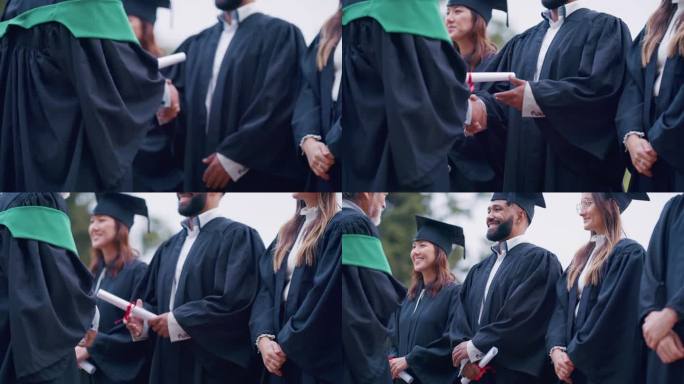 毕业证书，与成功的同学握手，与取得成就的同学祝贺或感谢。在大学里，毕业生、教授和拿着证书、文件或颁奖