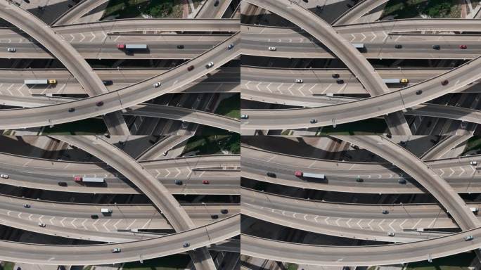 无人机在多个立交桥上的十字路口的全景视图。