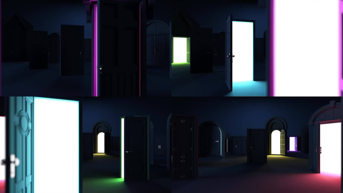 在黑暗之外，门发光，象征着无尽的机会。寻找正确方向的视觉奥德赛。