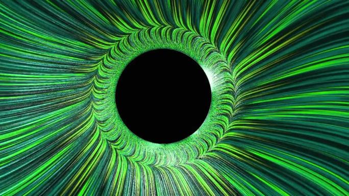 绿线波流动与光的效果和黑色复制空间圆圈在中间的文字，标志