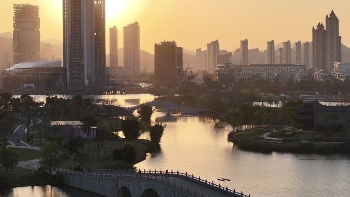 台州温岭九龙湖湿地公园日落航拍