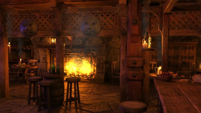 从一个古老的幻想中世纪酒馆的酒吧看，烛光和篝火。