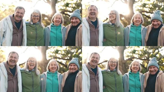 快乐的人，长辈和朋友在公园里拥抱着爱、关怀或信任的纽带。男人和女人一起微笑，兴奋或大笑，在大自然的有