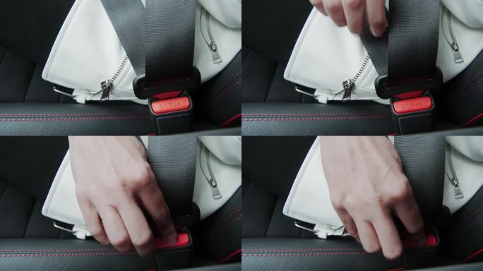 一位女士用手解开汽车安全带。坐在车内时，请系好安全带