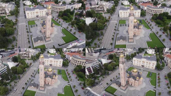 巴尼亚卢卡中心的塞尔维亚拜占庭风格救世主基督大教堂鸟瞰图。轨道运动，建立射击