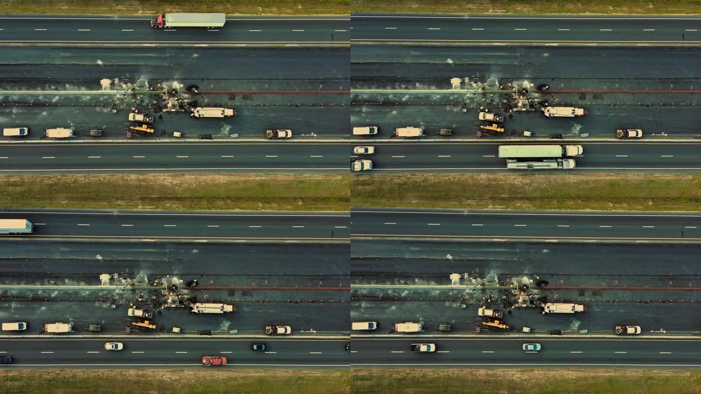 由于北卡罗莱纳州中央车道的道路施工，高速公路被封锁。前视图。航空镜头与静态相机运动