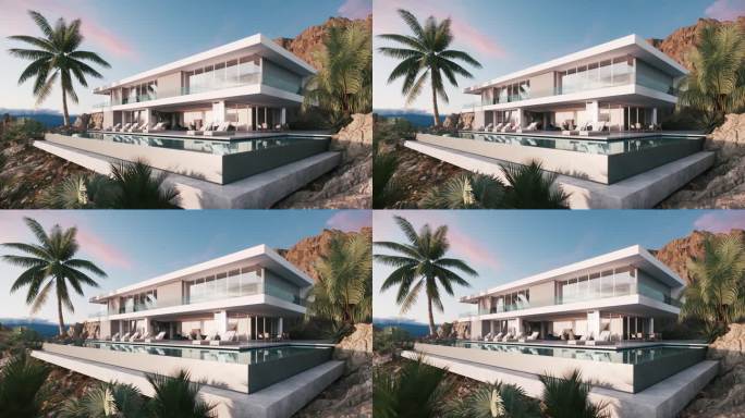 带游泳池的现代化豪华住宅。三维可视化