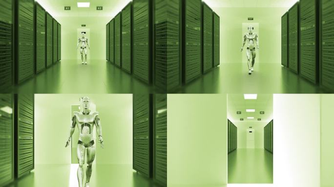 超级未来机器人在现代服务器机房缓慢行走。