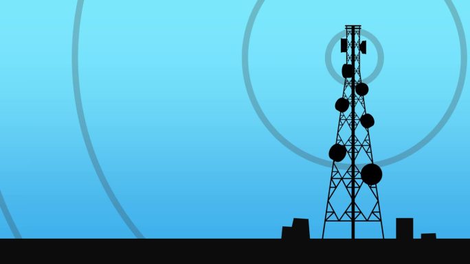 无线电发射塔在蓝天背景下发射电波信号动画。无线通信站的电波传输