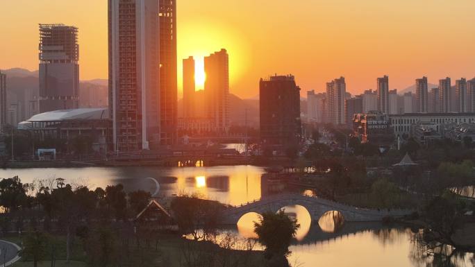 台州温岭九龙湖湿地公园日落航拍