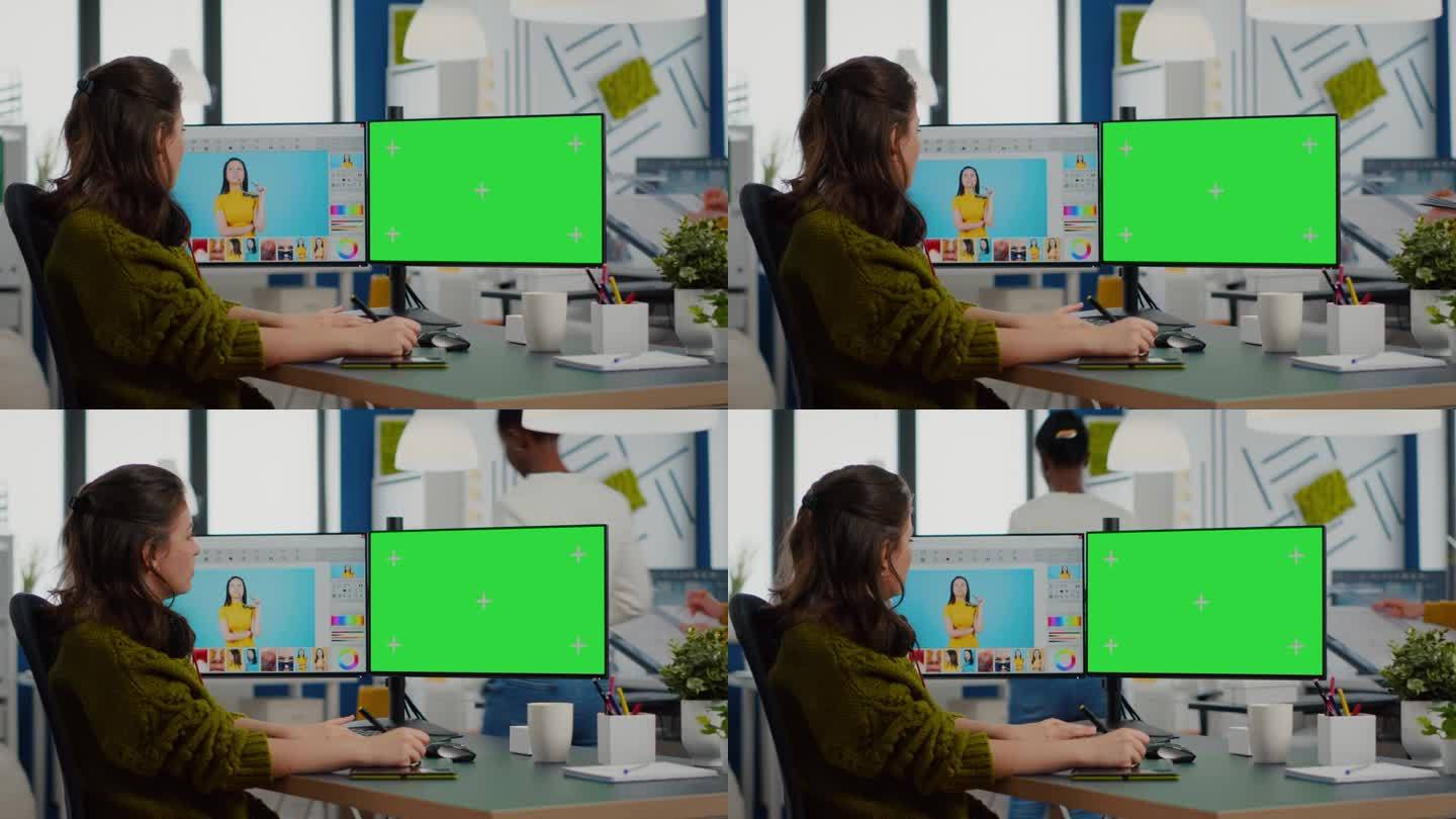 女修图师工作的照片集使用绿色屏幕显示