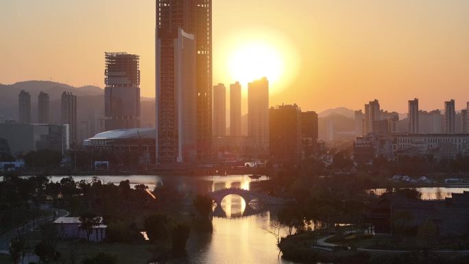 台州温岭九龙湖湿地公园日落航拍