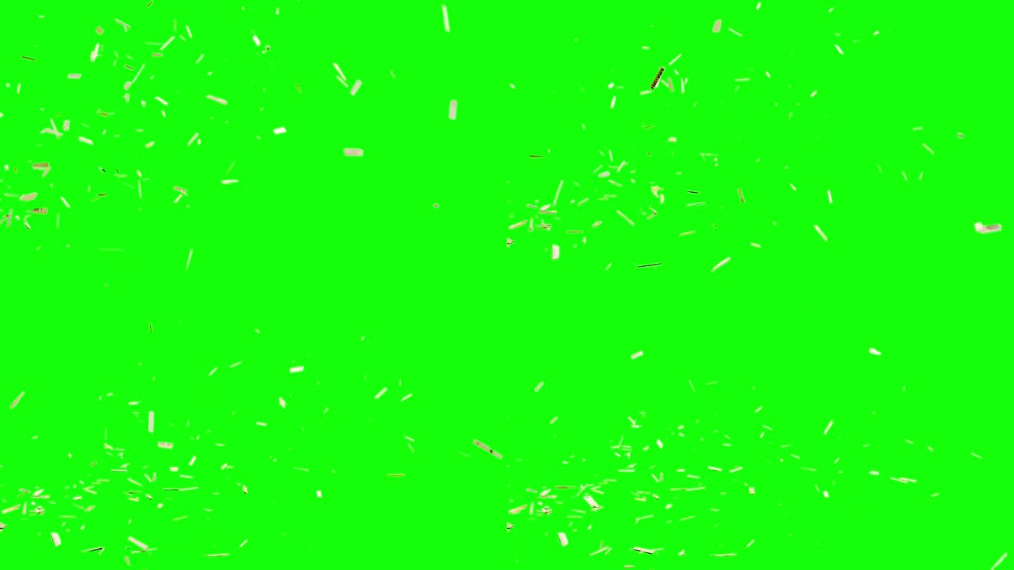 木片散落在屏幕左侧，落在想象的平面上，绿色屏幕背景，动画覆盖色度键混合透明选项。