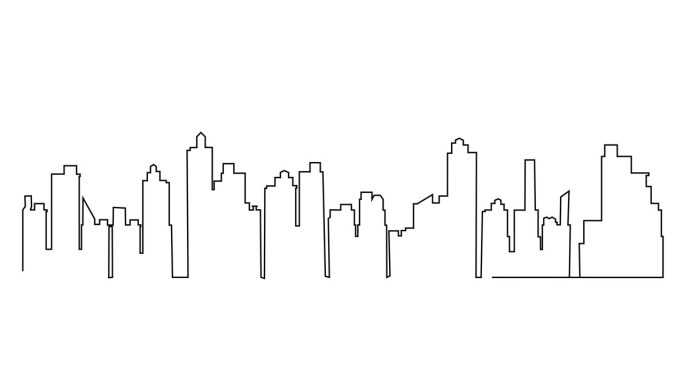 连续线的城市景观建筑绘图动画。全景摩天大楼公寓和塔楼单线路径动画
