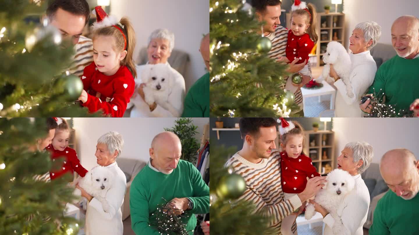 几代同堂的家庭一起装饰圣诞树