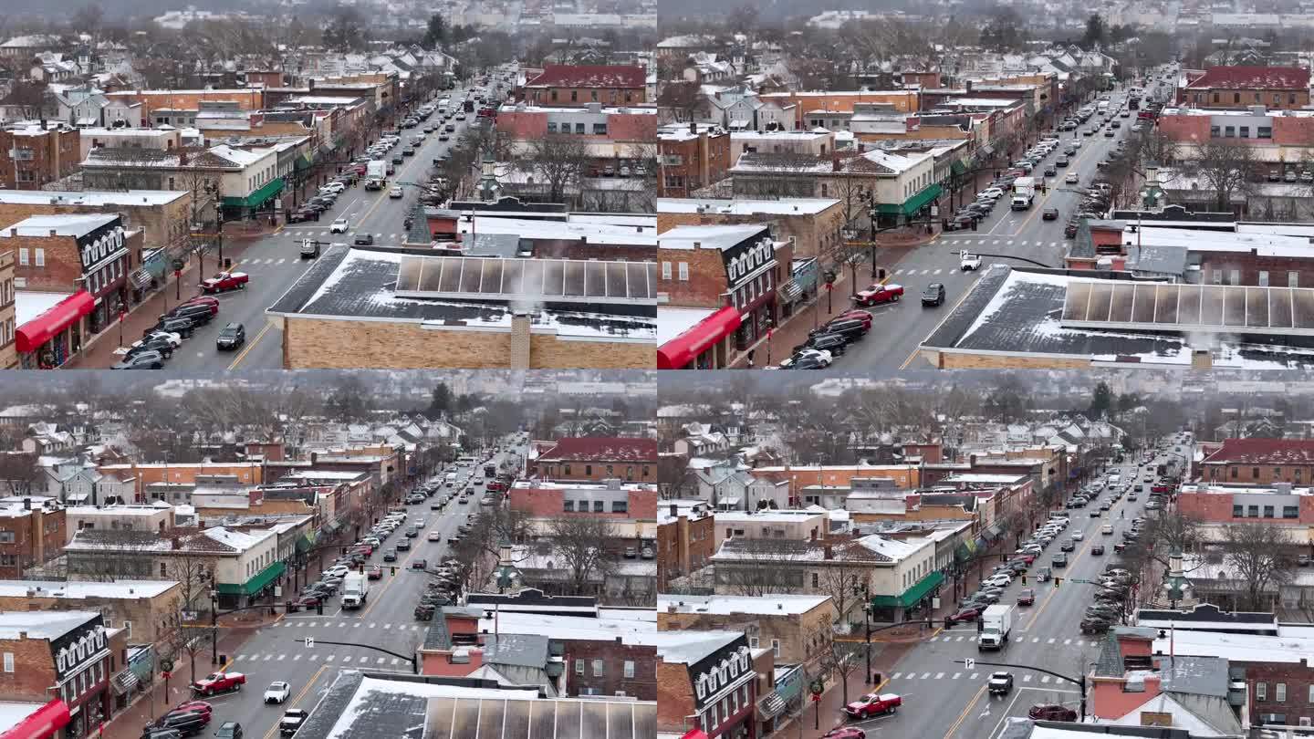 小镇主街的冬季鸟瞰图