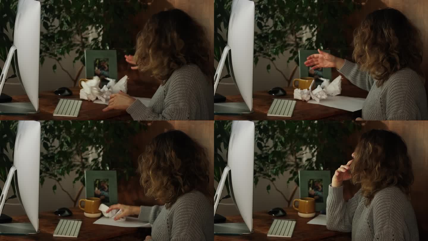 心烦意乱的女人坐在办公桌前揉纸。