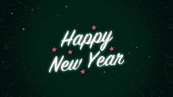 动画图形白色新年快乐庆祝与星光和烟花阿尔法循环粒子辉光视觉效果文字标题背景4K深绿色
