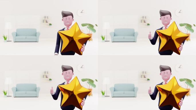 3d动画卡通西装男人拿着一个大星星和大拇指向上。优秀的员工会得到星星。