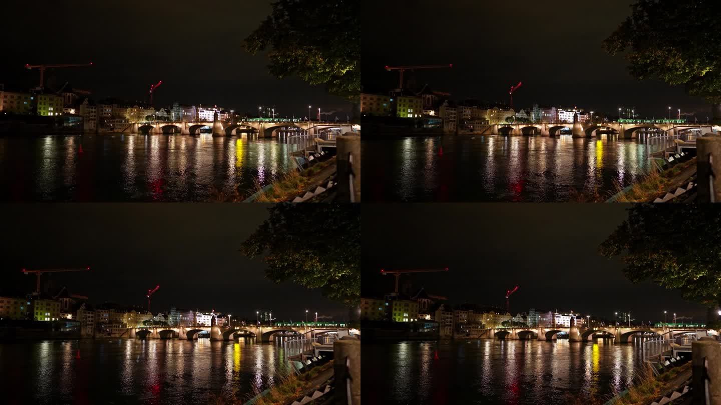 夜景:巴塞尔莱茵河上的中间桥(Mittlere brcke)
