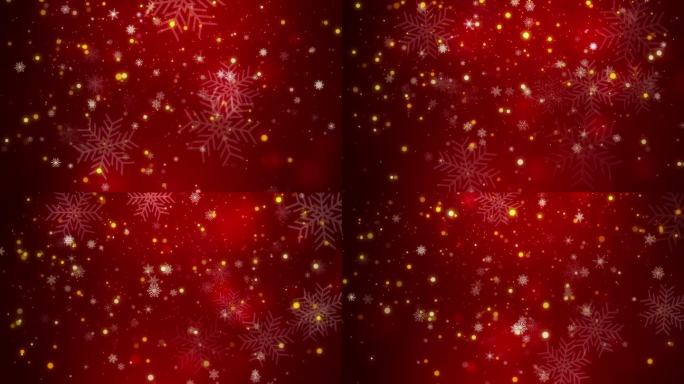 金色的红光闪烁。红色背景与散落的金色火花和雪花。金色尘埃粒子组成的神奇星系。循环圣诞动画，