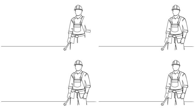 动画单线绘制的建筑工人戴着安全帽，拿着扳手