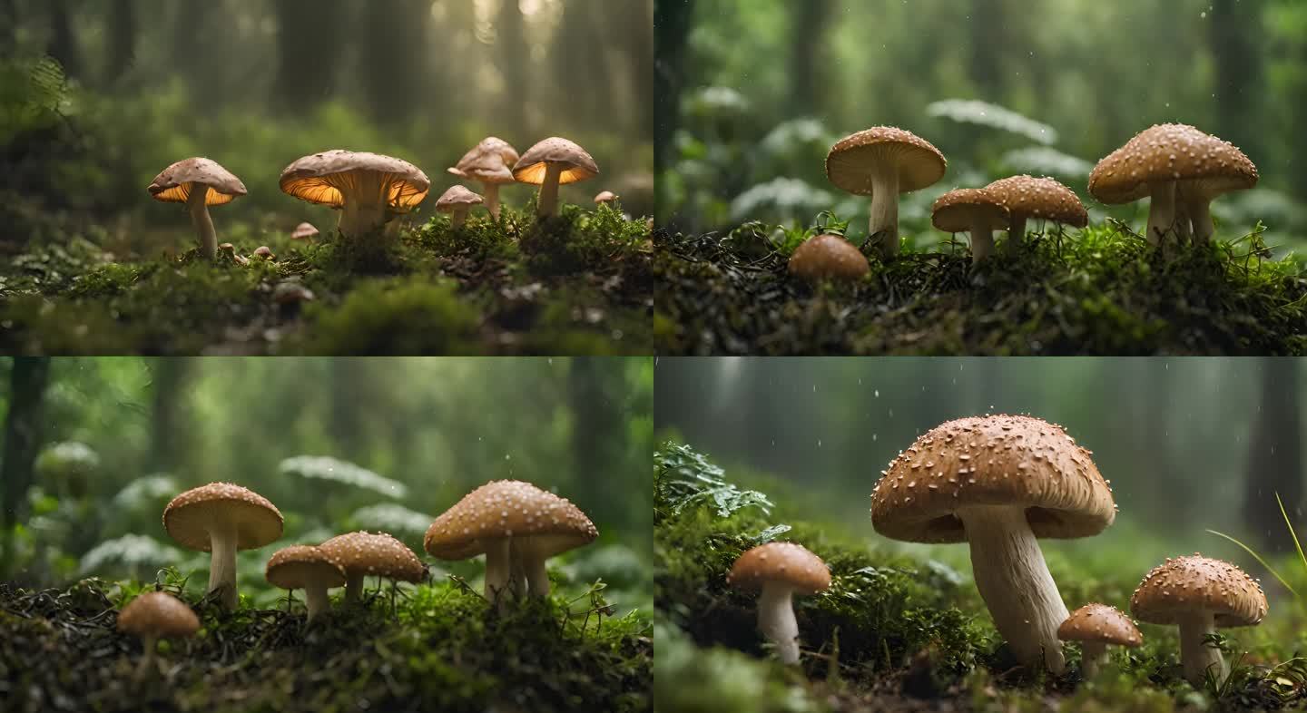 雨天丛林中的蘑菇特写