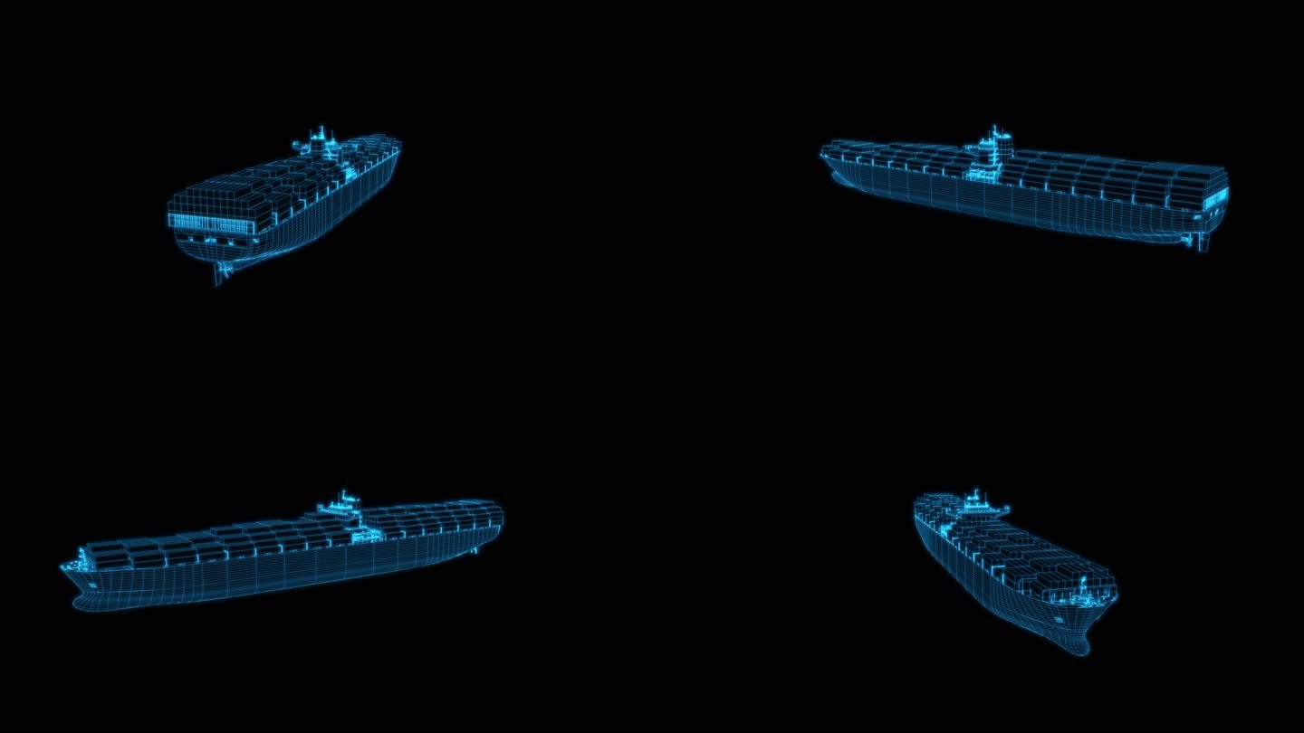 4K蓝色全息科技线框集装箱货船循环动画